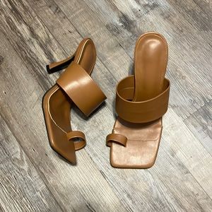 Brown square toe sandal heels